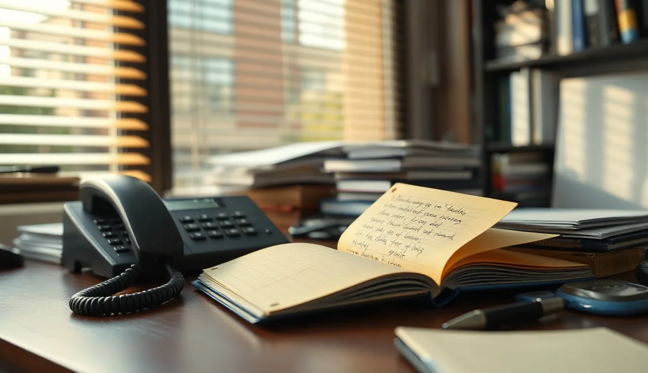 Desk with landline phone and notepad in afternoon light, debt collection office setting