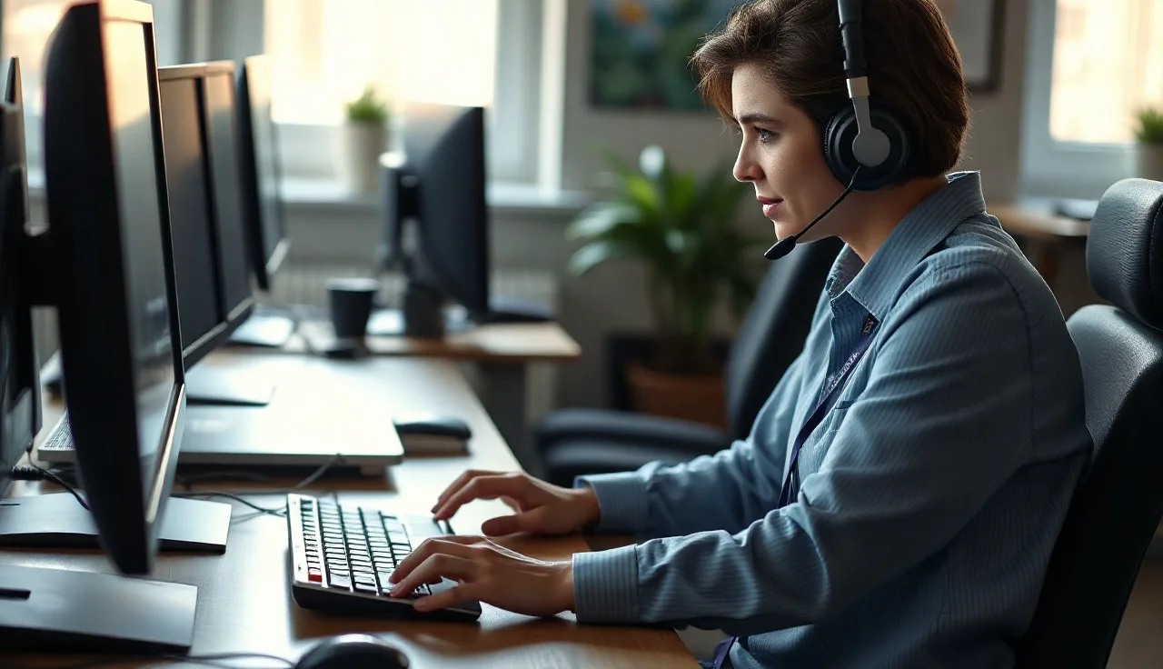 Contact center agent with headset at desk, representing predictive dialer TCPA compliance operations
