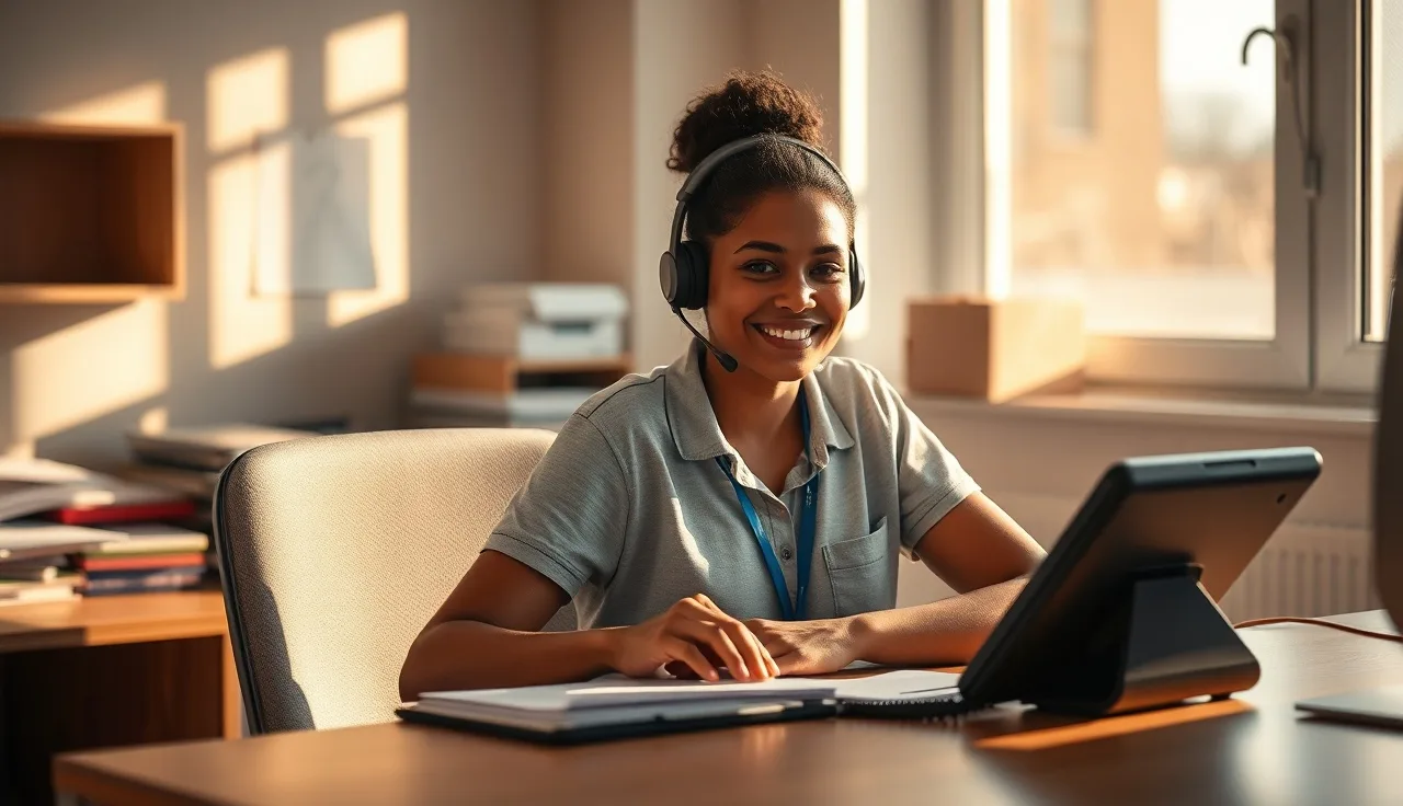 Volunteer with headset at desk making a charitable solicitation phone call
