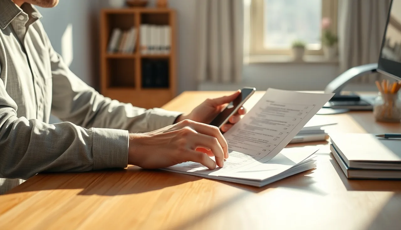 Person reviewing a compliance checklist beside a smartphone on a sunlit desk