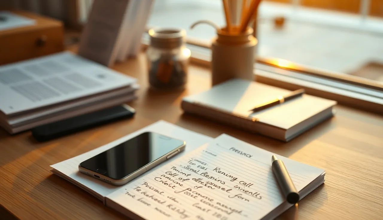Office desk with smartphone and handwritten call-log notepad, dialer compliance context