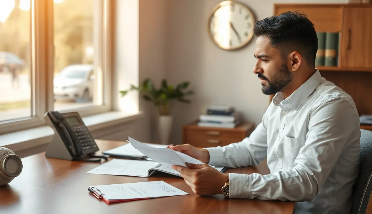 Sales professional reviewing call logs at a desk with a landline phone and wall clock