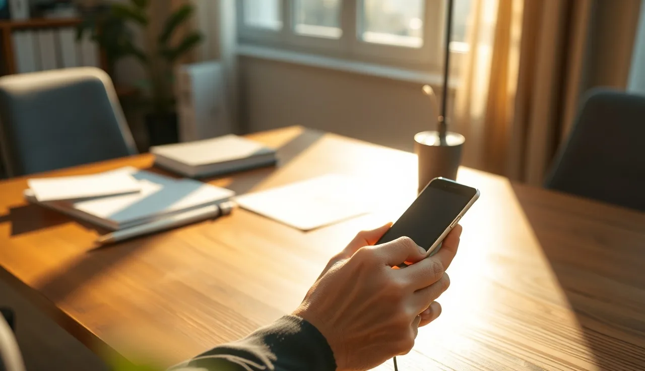 Person declining a call on a smartphone at a sunlit office desk