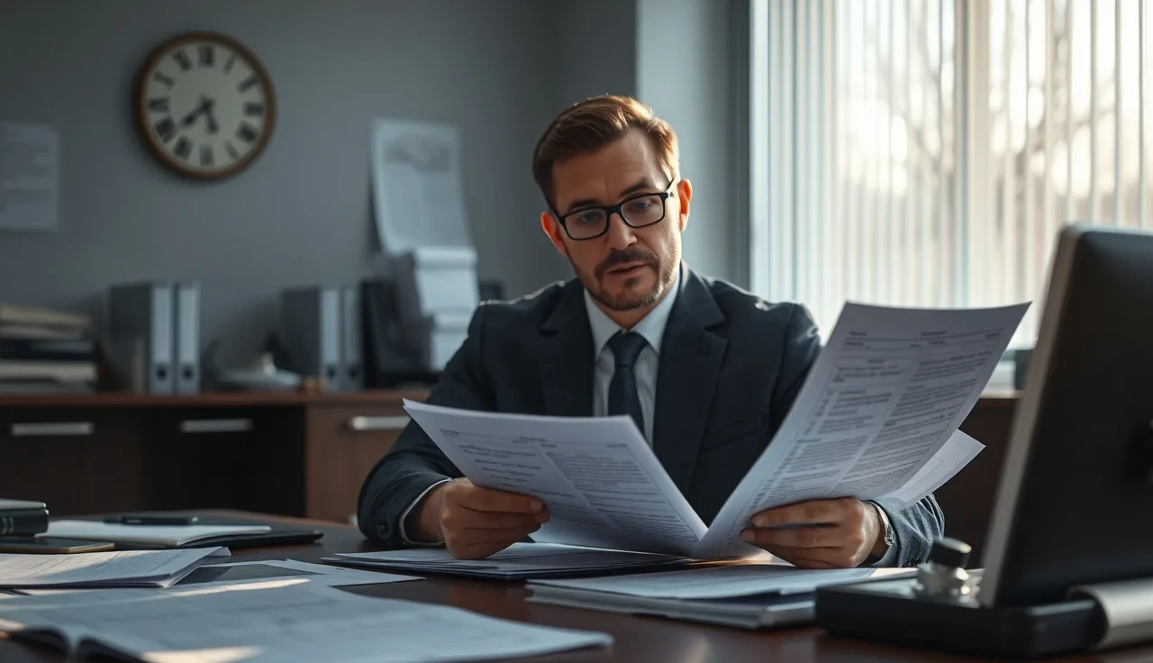 Compliance officer reviewing call log documents at a desk in winter office light