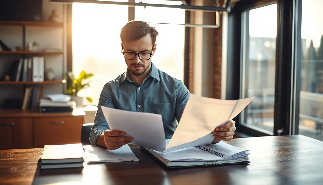 Bank compliance officer reviewing TCPA policy documents at a desk in an office