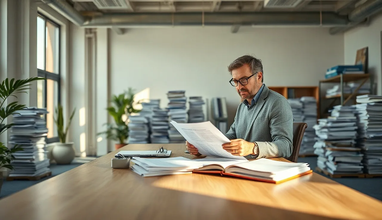 Compliance professional reviewing outbound call documentation at a sunlit office desk