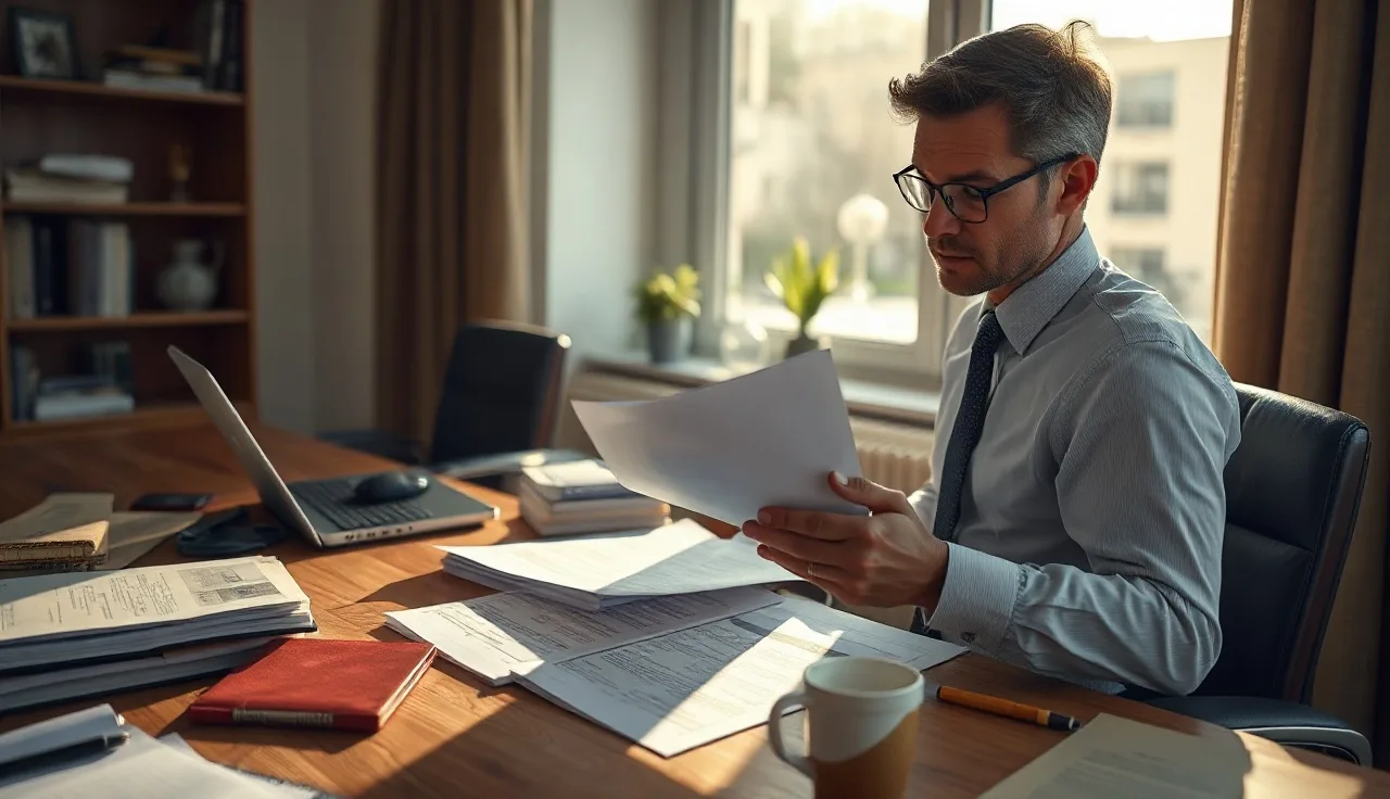Sales manager reviewing call lists at office desk under afternoon light