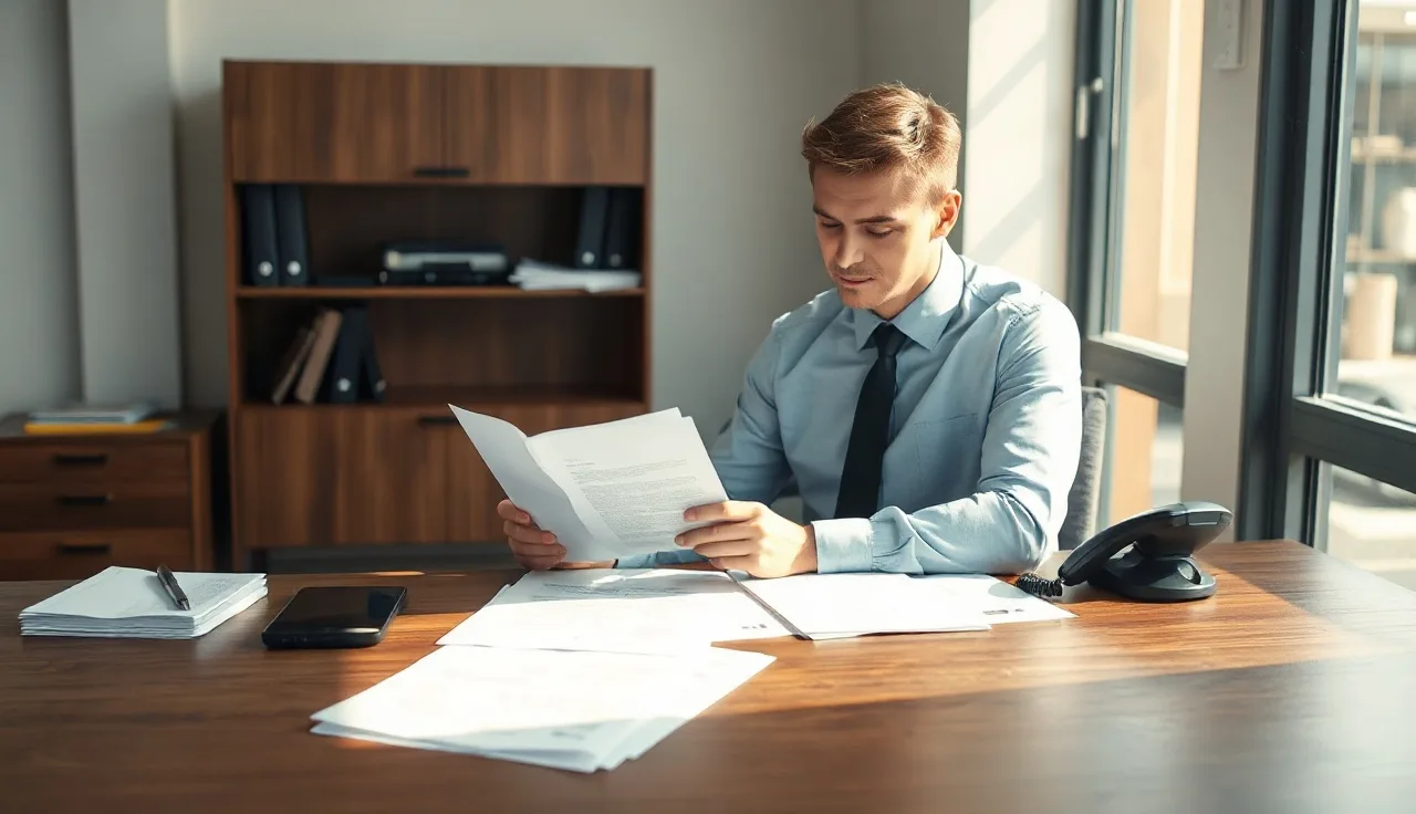 Compliance officer reviewing TCPA policy documents at a desk with a phone