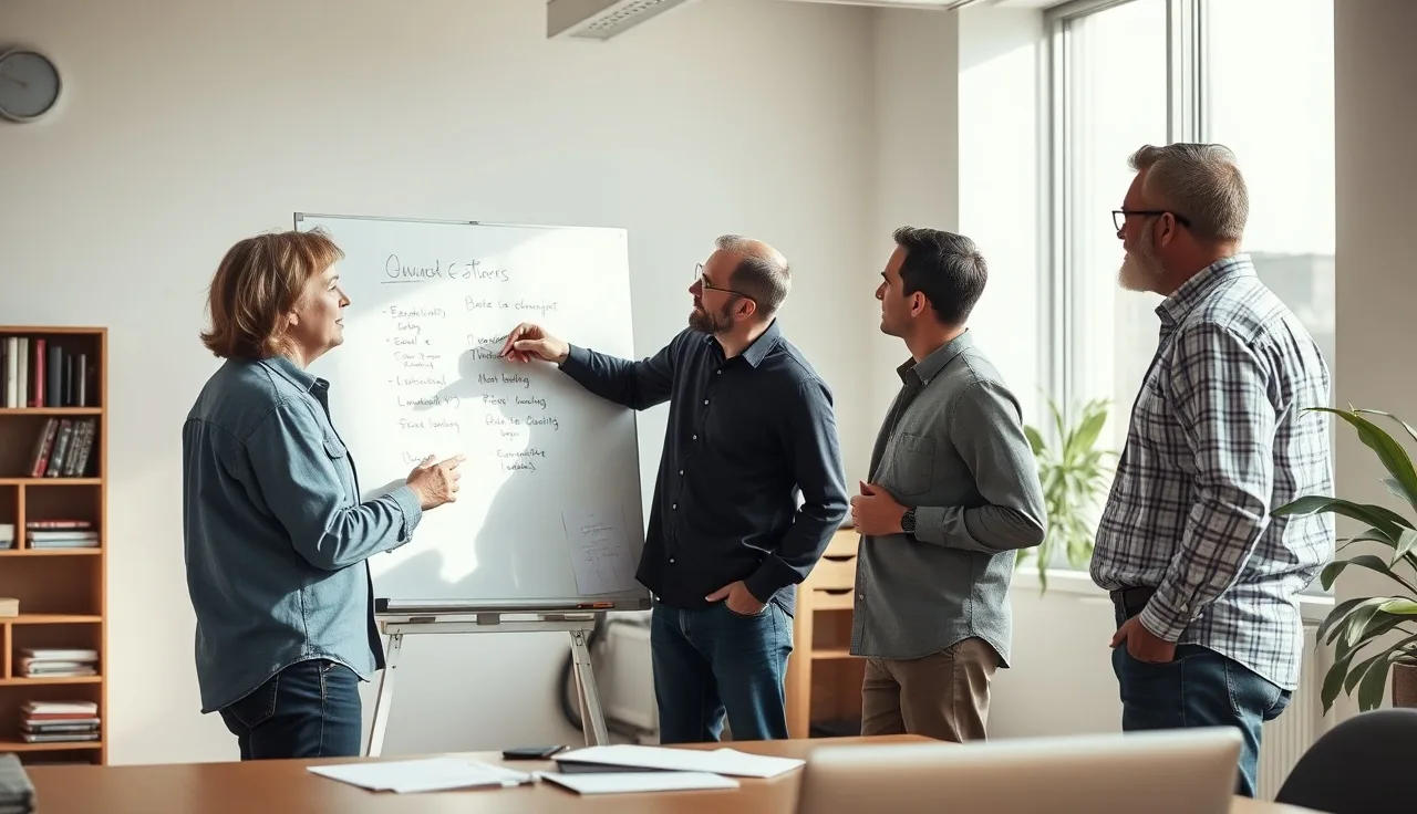 Sales team gathered around whiteboard during a compliance training session