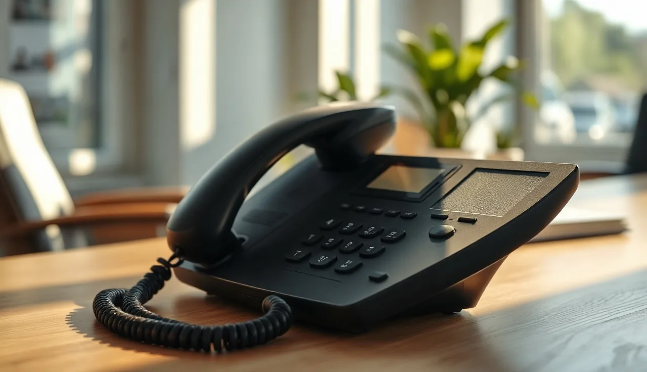 Black telephone handset on a wooden desk, representing a prerecorded call opt-out compliance moment