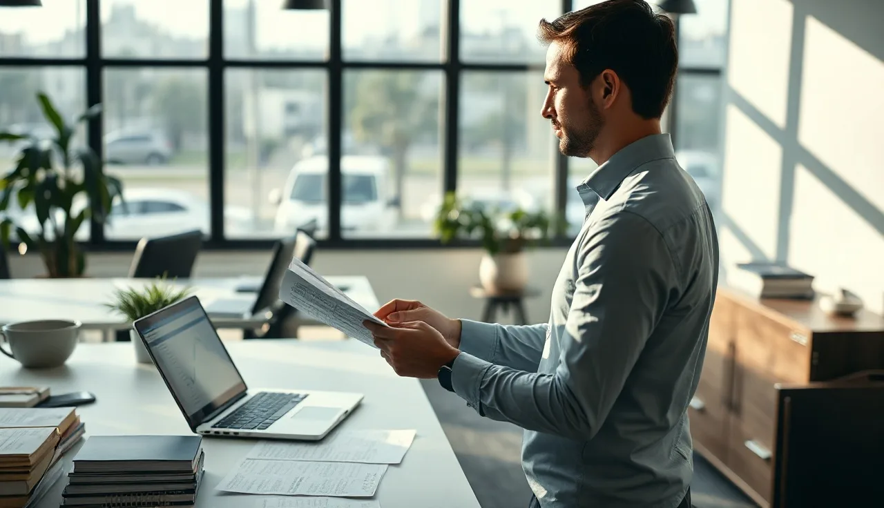 Compliance manager reviewing call logs and audit records at a standing desk