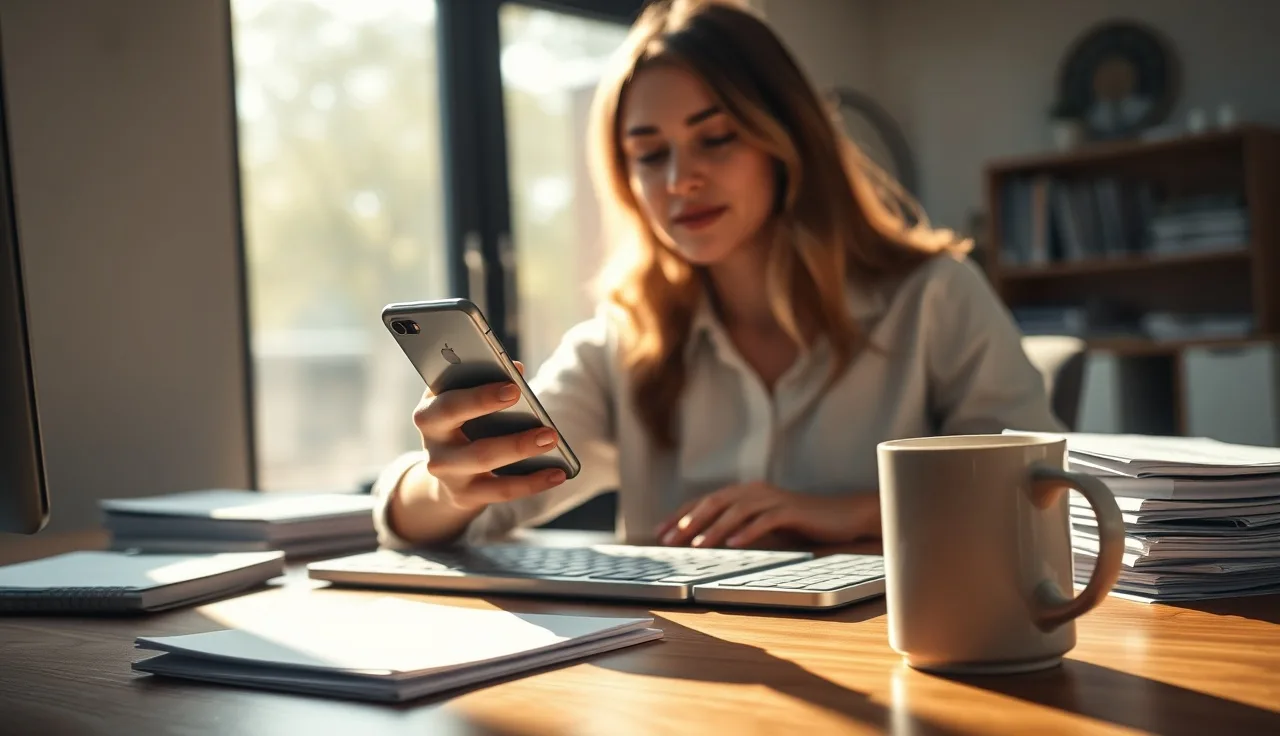 Person sending individual text messages on a smartphone at a compliance-focused office desk