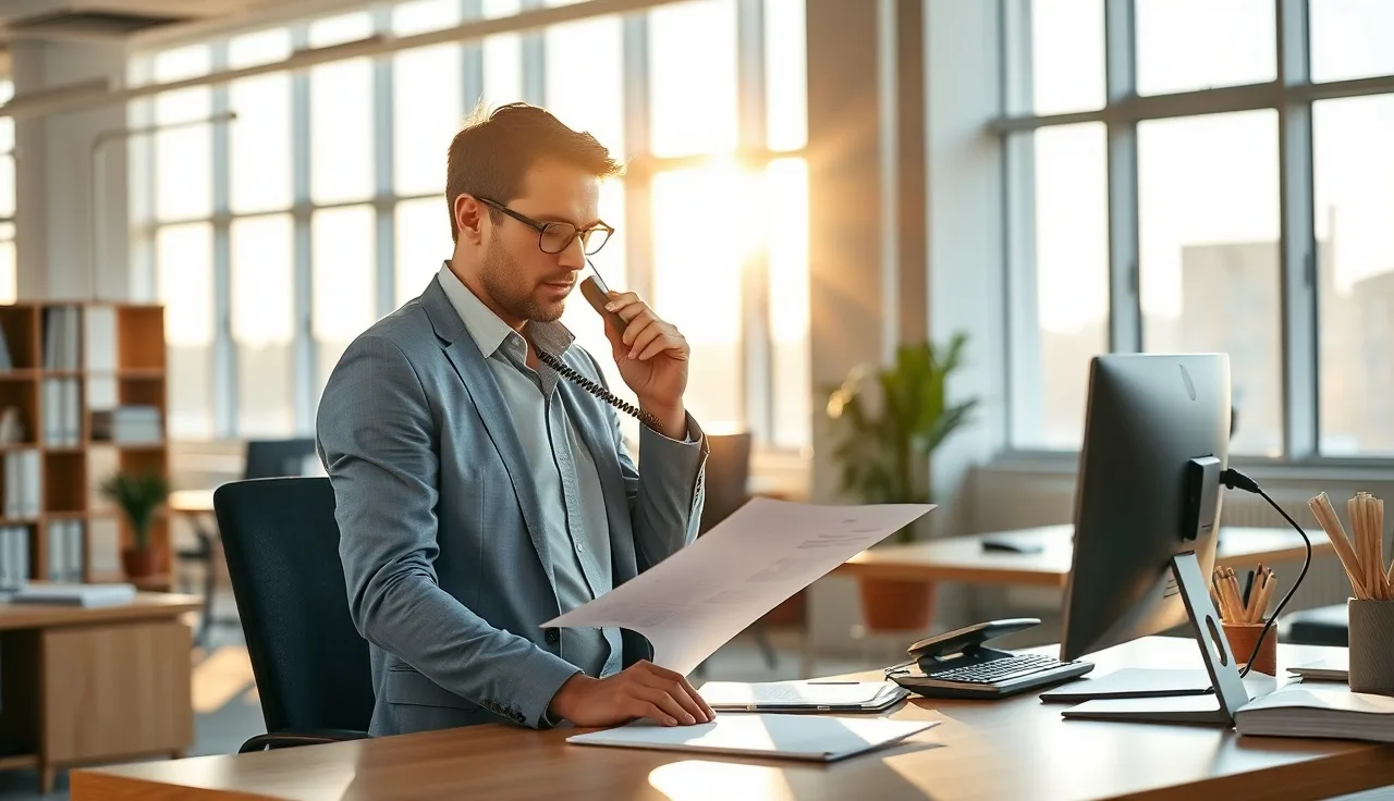 Sales professional reviewing compliance documents while on outbound call at office desk