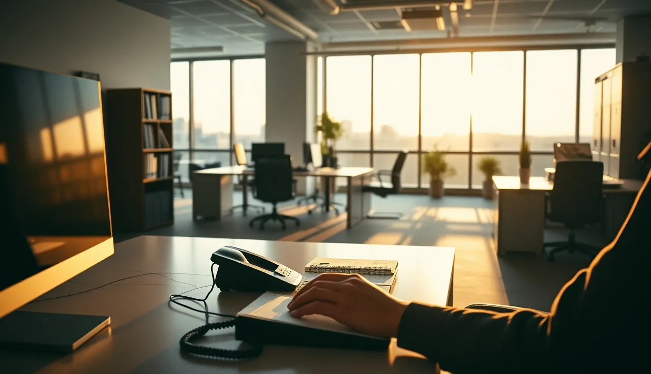 Person pausing at office desk with phone set down during outbound calling compliance review