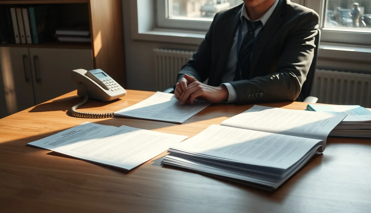 Person reviewing compliance documents at a desk next to a landline phone