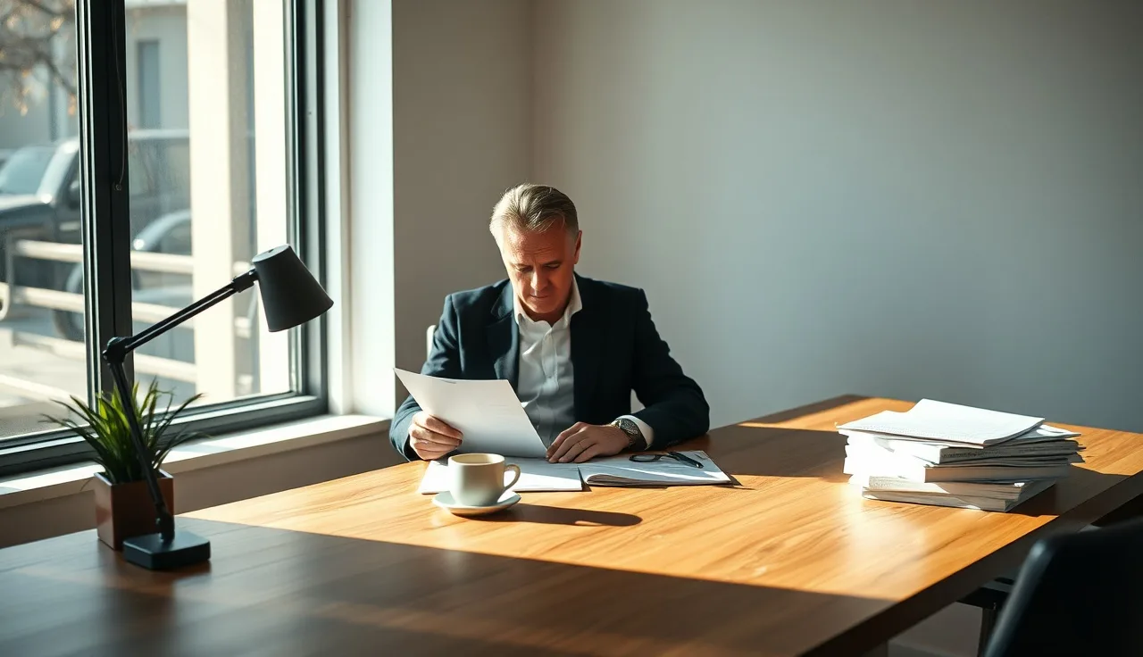 Founder reviewing compliance papers at a desk in early morning office light