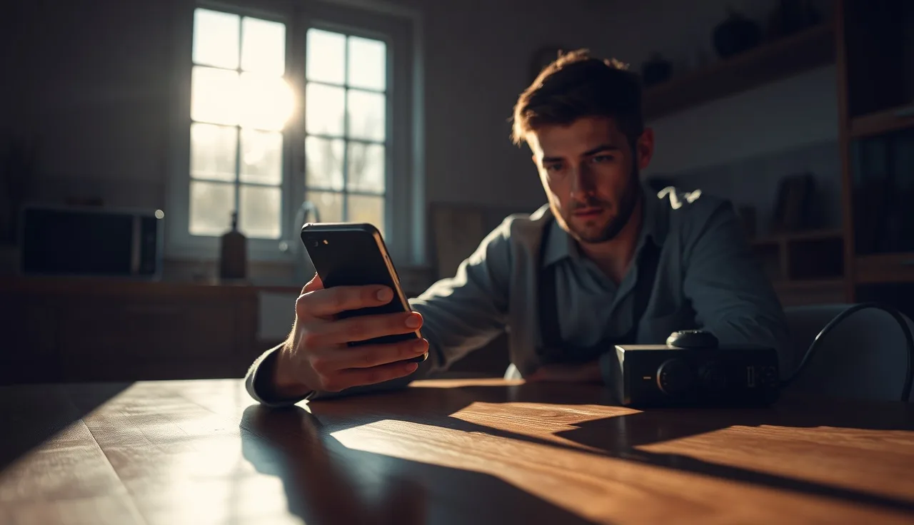 Person looking at cell phone with concern about unknown debt collector robocall