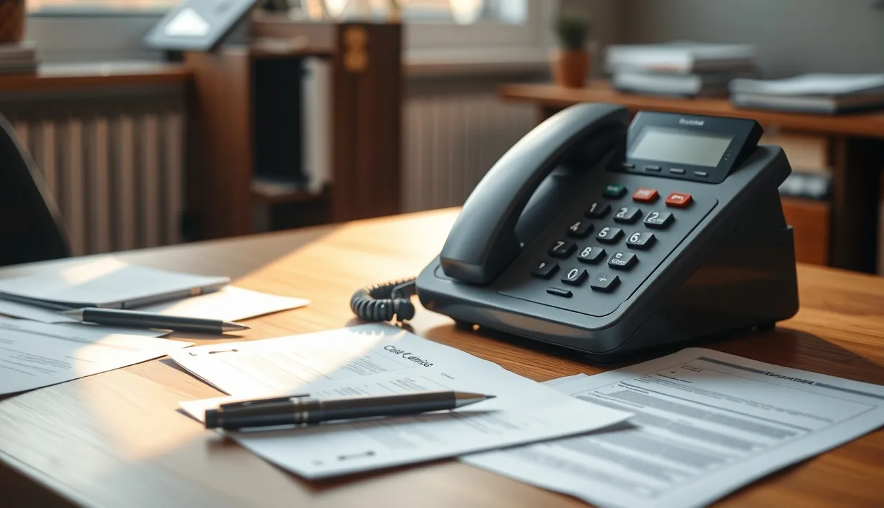 Old office landline phone on a desk beside compliance paperwork in afternoon light