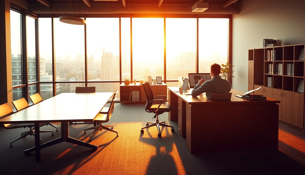 Person reviewing compliance documents at a desk during golden hour in a quiet office