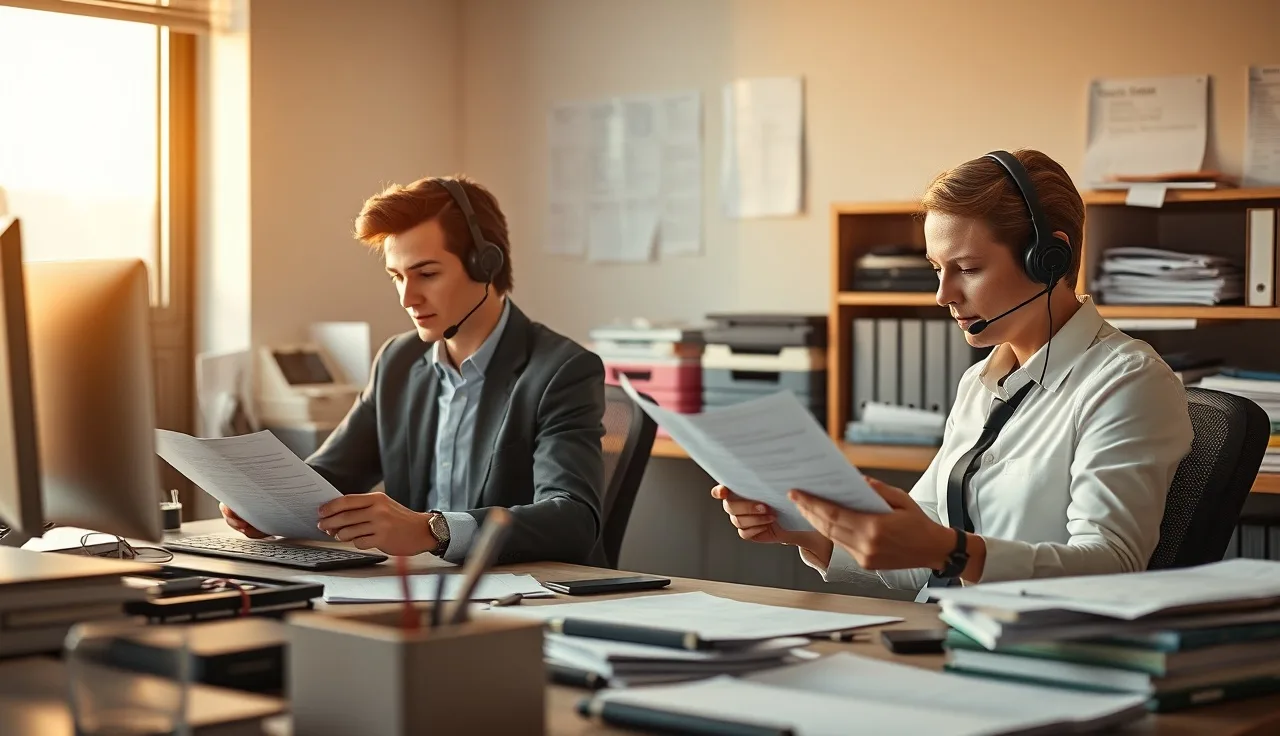 Two sales reps at desks with headsets reviewing call lists for TCPA compliance