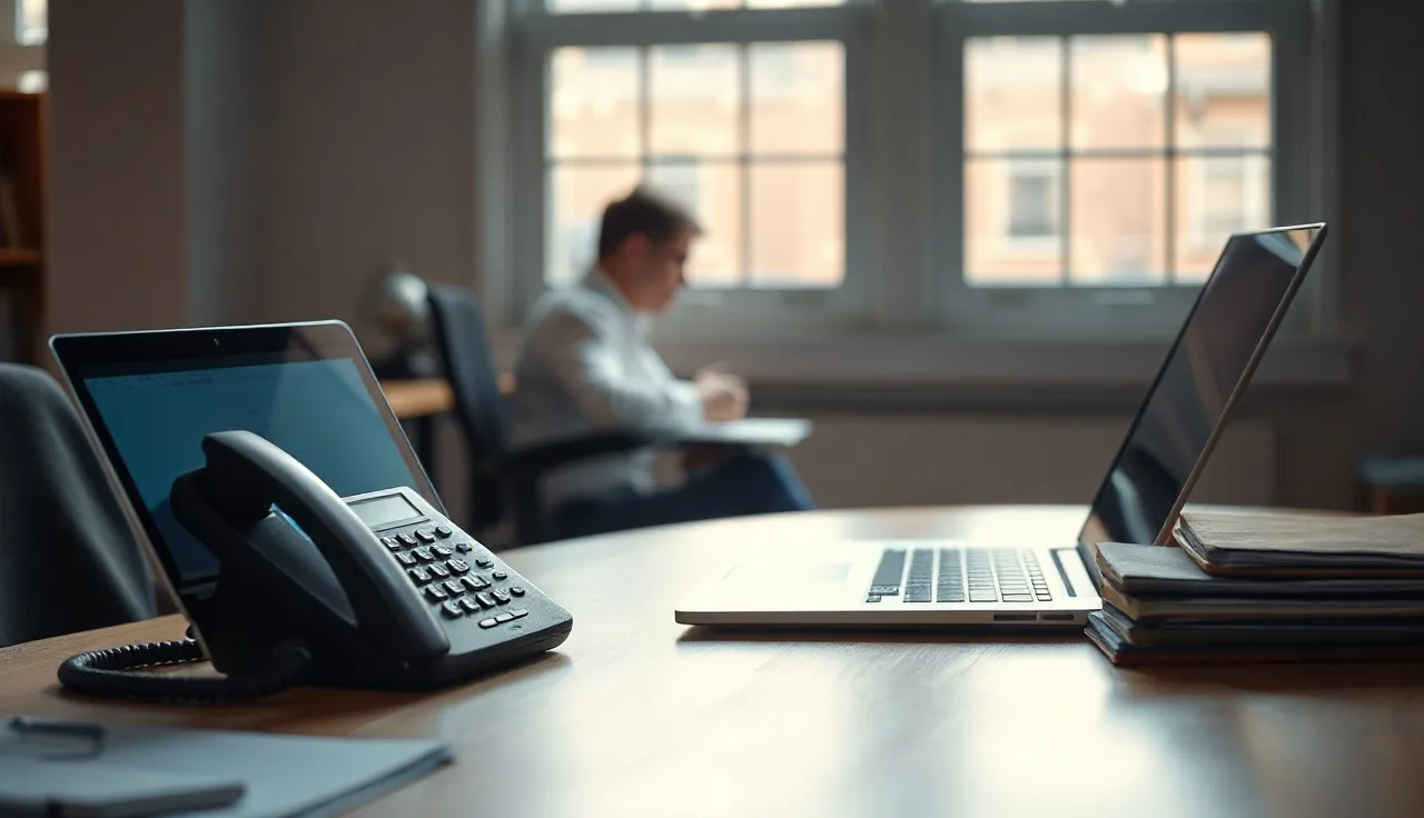 Office desk with landline phone and open laptop, illustrating manual versus automated dialing compliance