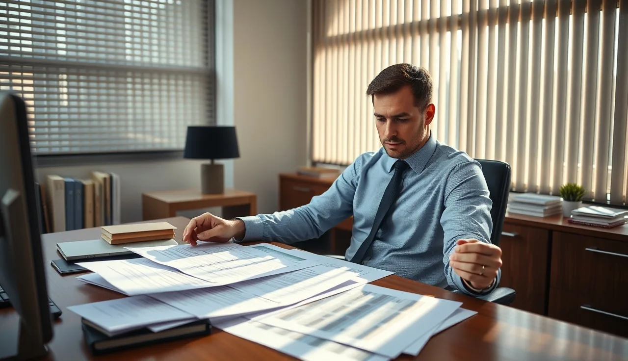 Office worker reviewing compliance documents at a desk in afternoon light