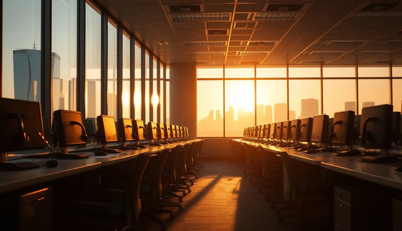 Empty call center workstations with headsets at dawn, predictive dialer compliance theme