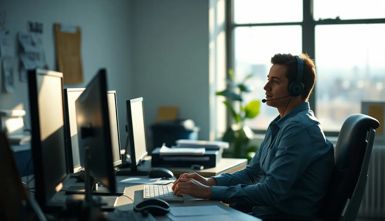 Call center agent wearing headset at desk with afternoon light, predictive dialer compliance context