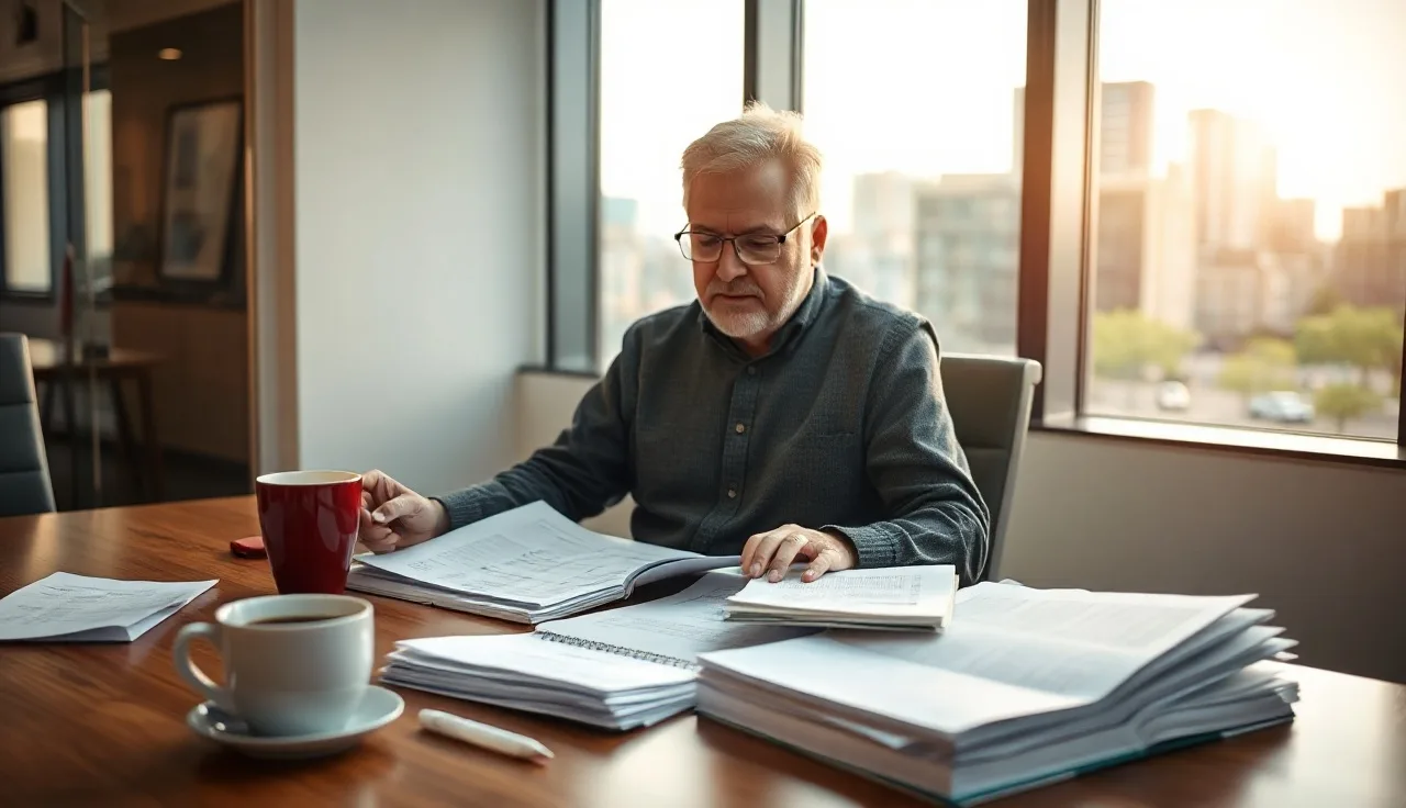 Insurance compliance officer reviewing call records at a conference table