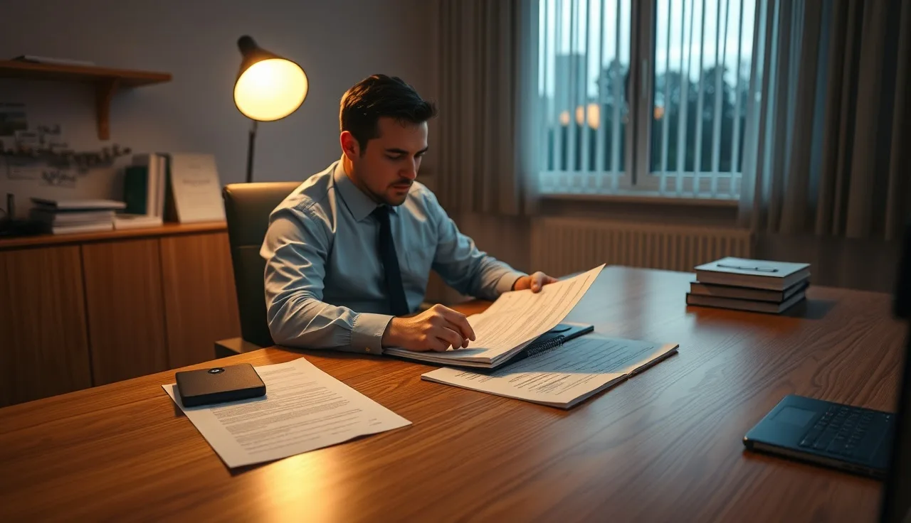 Compliance officer reviewing ringless voicemail campaign call logs at a wooden desk