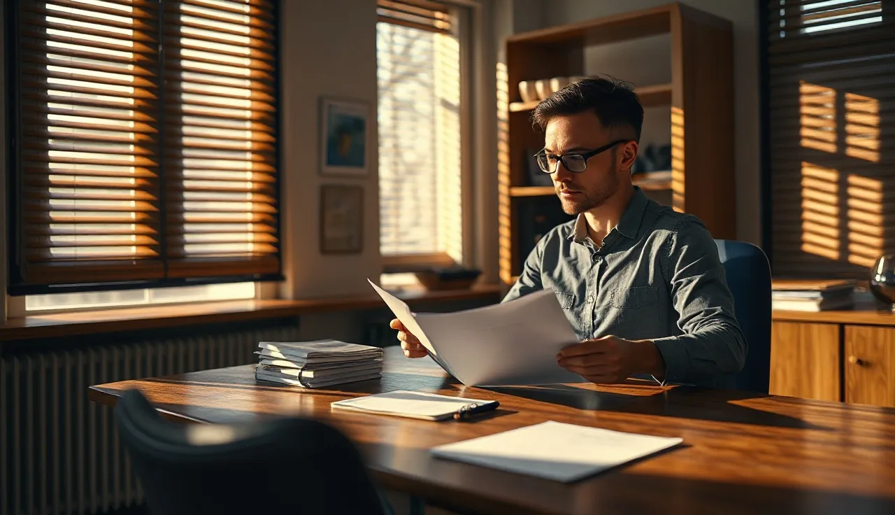 Compliance officer reviewing outbound calling policy documents at a sunlit desk