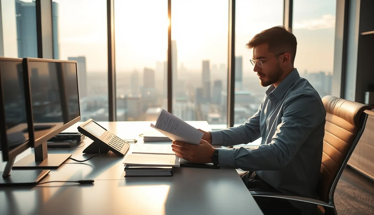 Office worker reviewing compliance documents beside a desk phone with city view