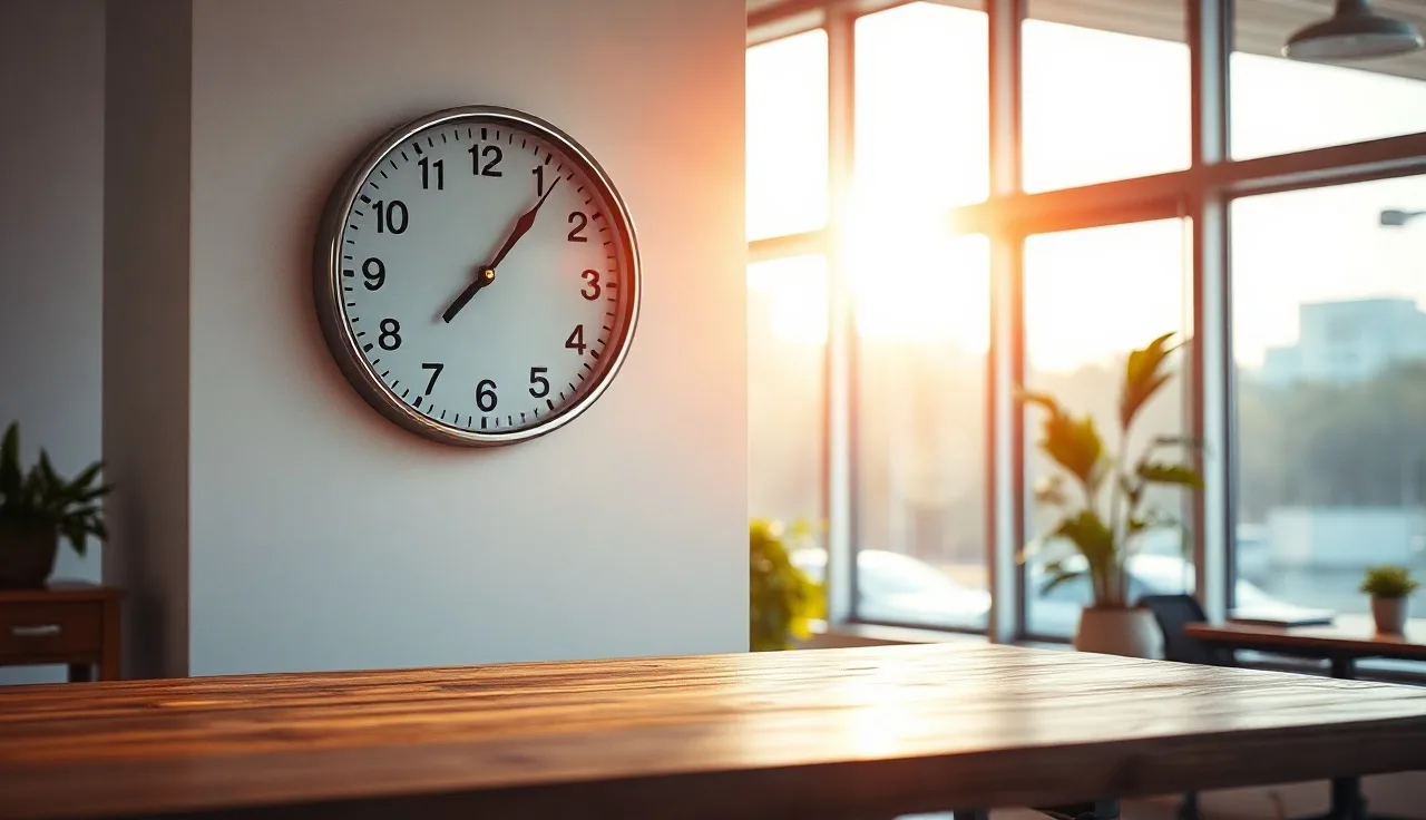 Analog office clock showing 8 AM with morning light, illustrating TCPA calling hours