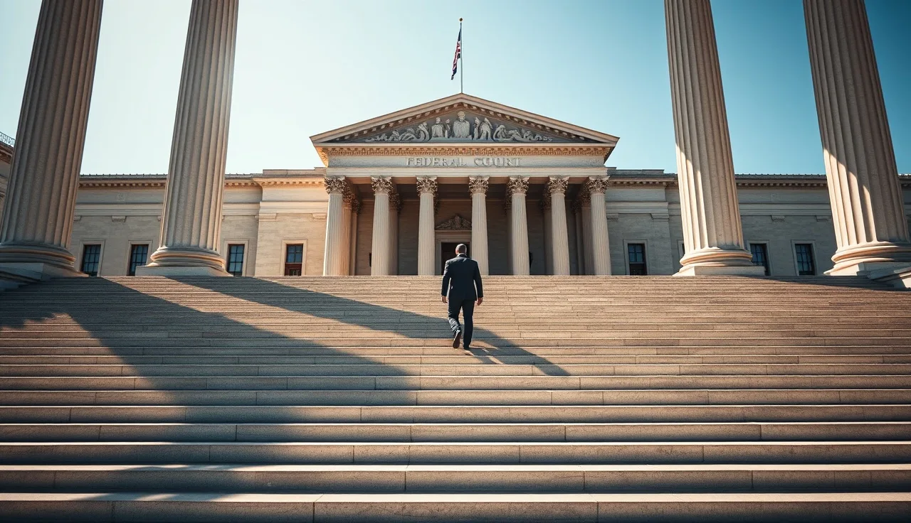 Person in dark suit ascending federal courthouse stone steps in summer light