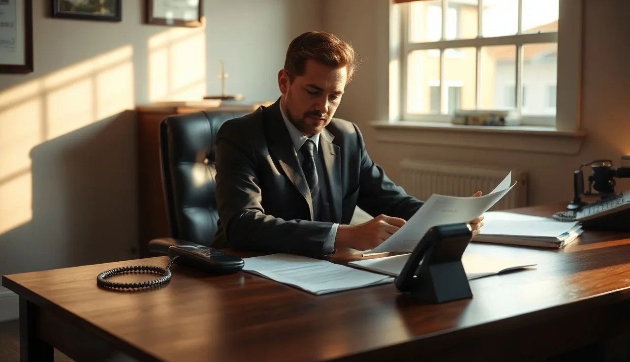 Compliance professional reviewing outbound call documents at desk with telephone