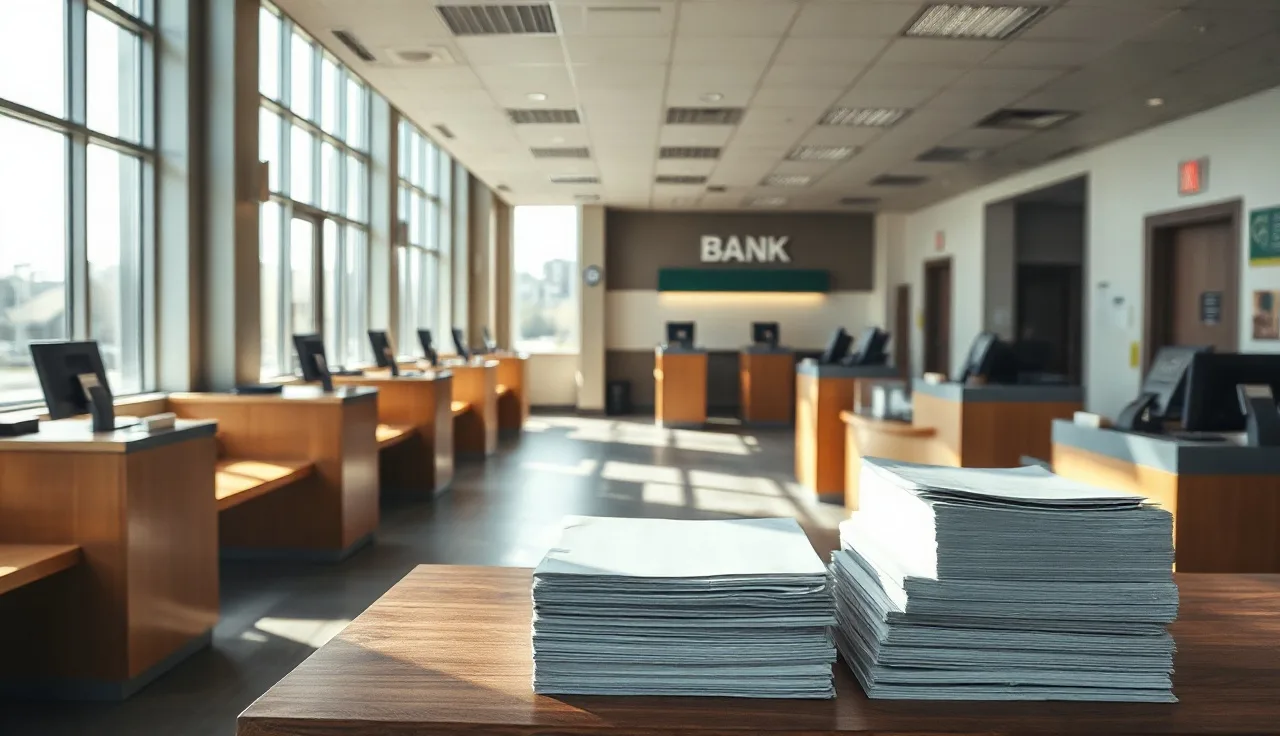 Empty bank branch interior with sunlight and compliance folders on counter