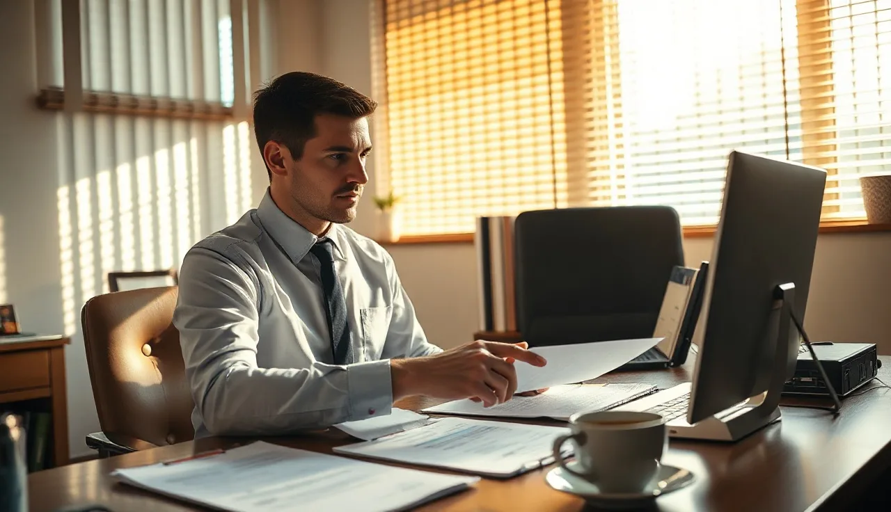 Compliance officer reviewing outbound call compliance documents at a desk