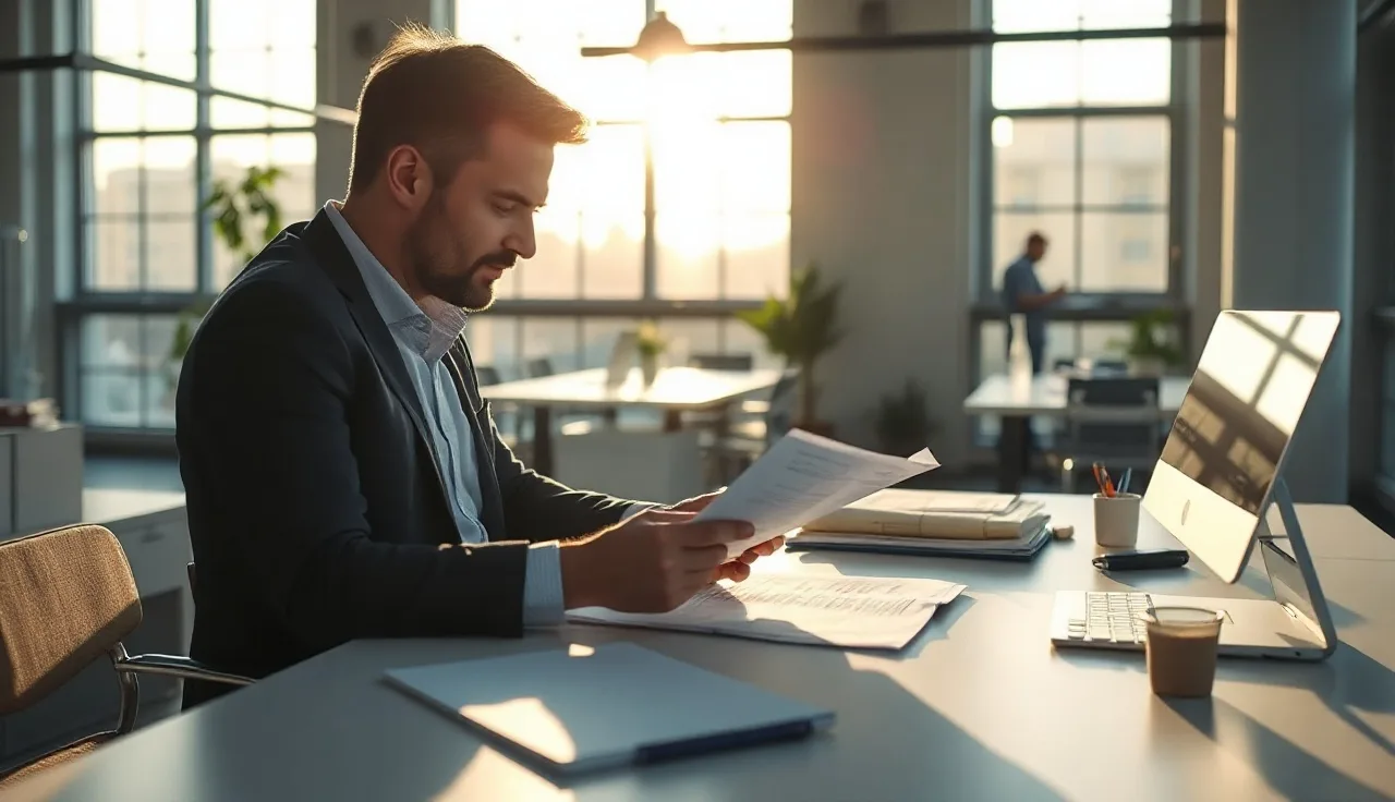Compliance manager reviewing outbound call compliance documents at an office desk