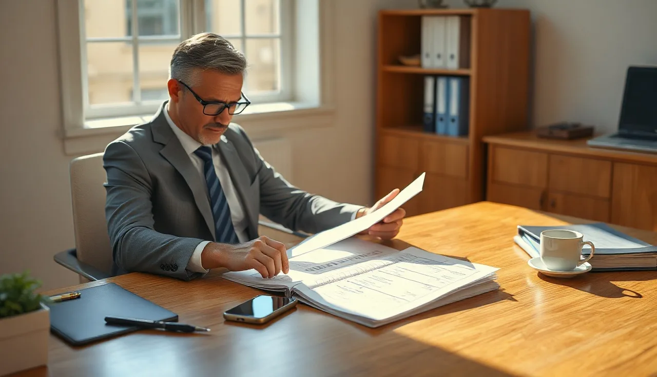 Financial advisor reviewing compliance documents at a desk with phone nearby
