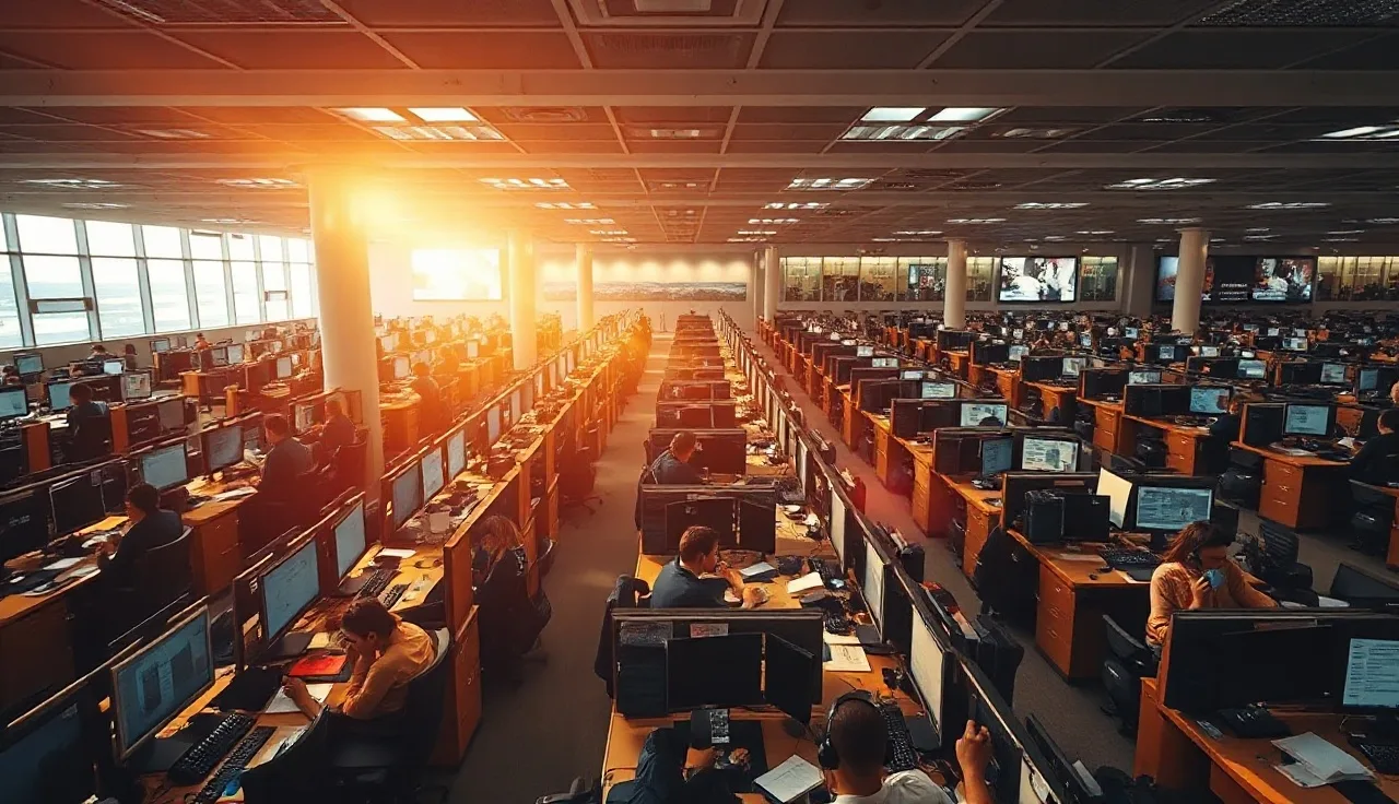 Wide-angle view of a busy offshore call center floor with agents wearing headsets