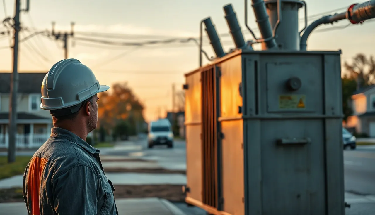 Utility worker near electrical transformer at dusk for TCPA compliance article