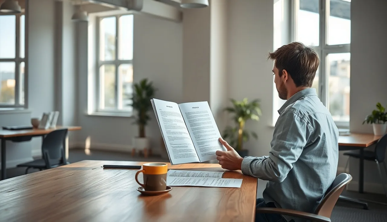Compliance officer reviewing outbound calling policy documents at a small company desk