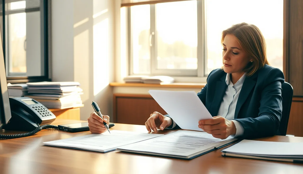 Compliance officer reviewing TCPA policy documents at a desk with a telephone
