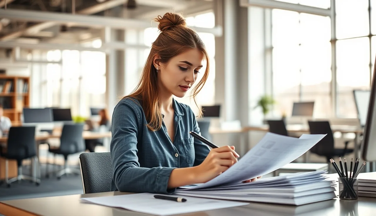 Sales rep reviewing TCPA compliance documents at an office desk in afternoon light