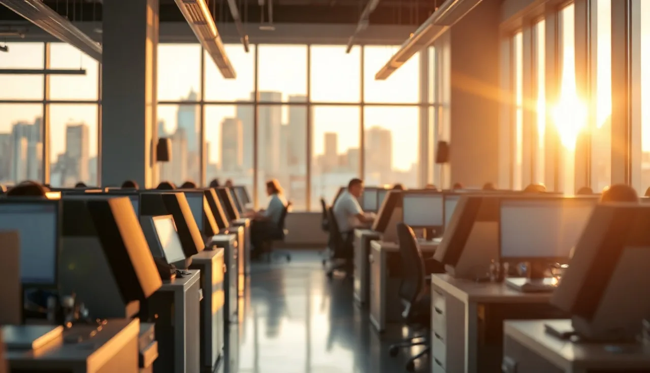 Call center agents at desks with headsets in late afternoon office light