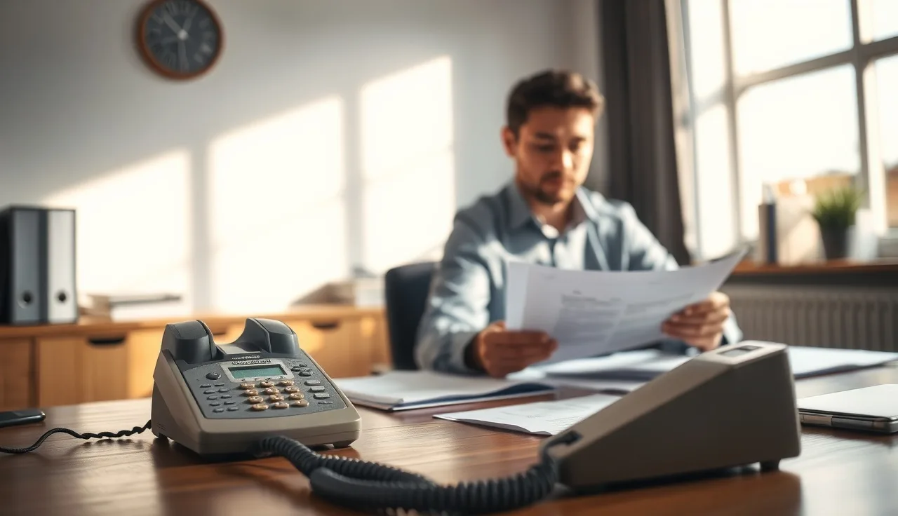 Business professional reviewing compliance documents at a desk with a phone visible