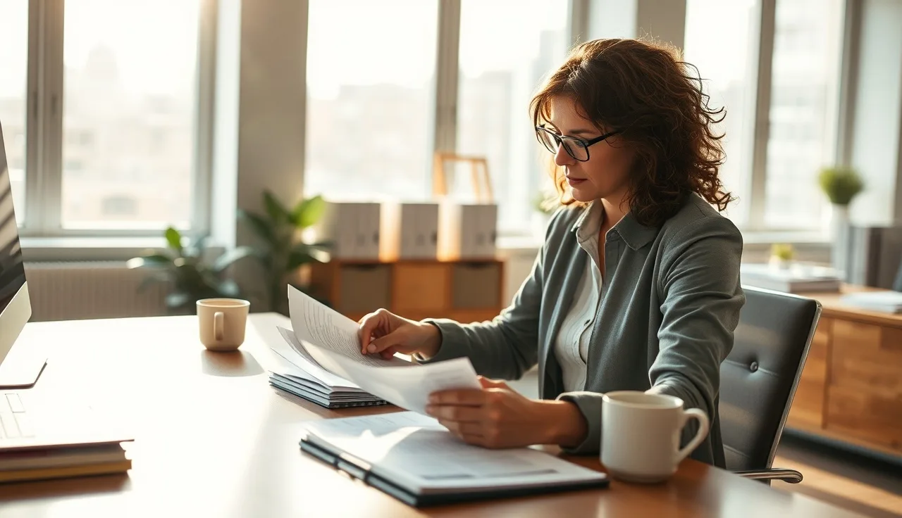 Compliance manager reviewing call logs at a sunlit office desk for TCPA compliance