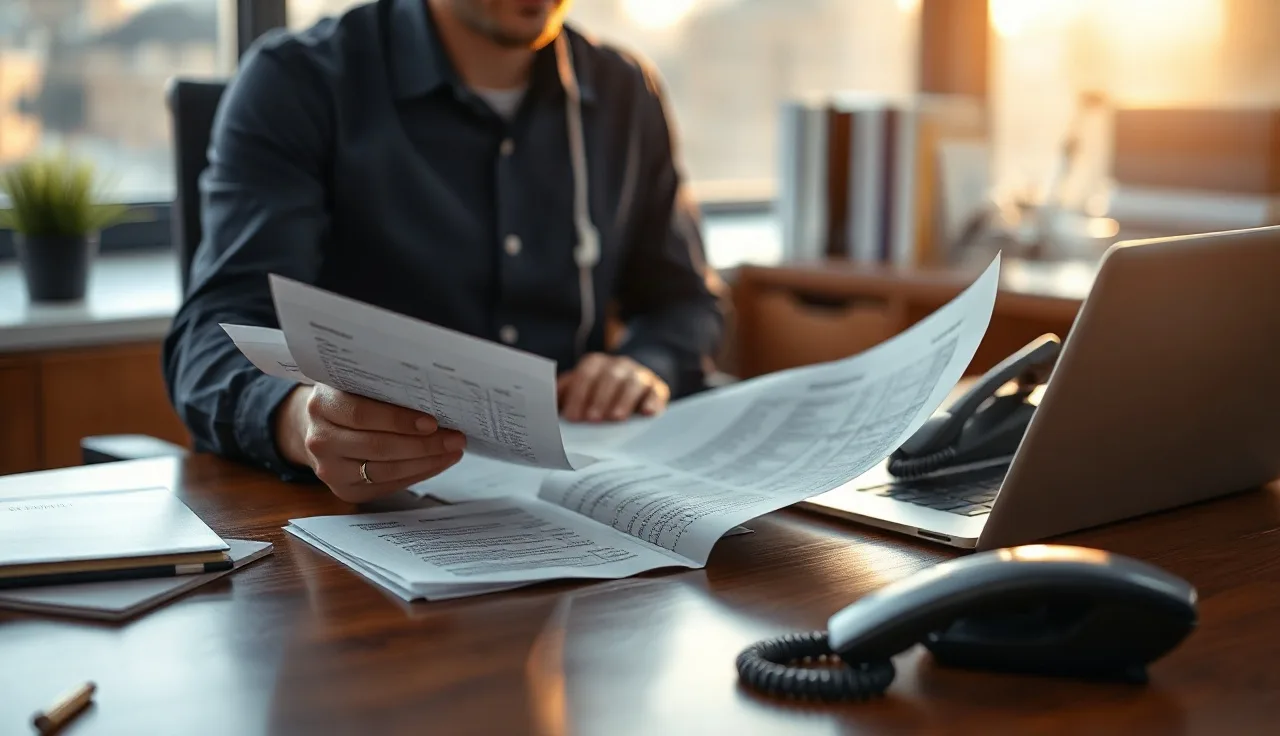 Office worker reviewing outbound call compliance logs beside laptop and phone