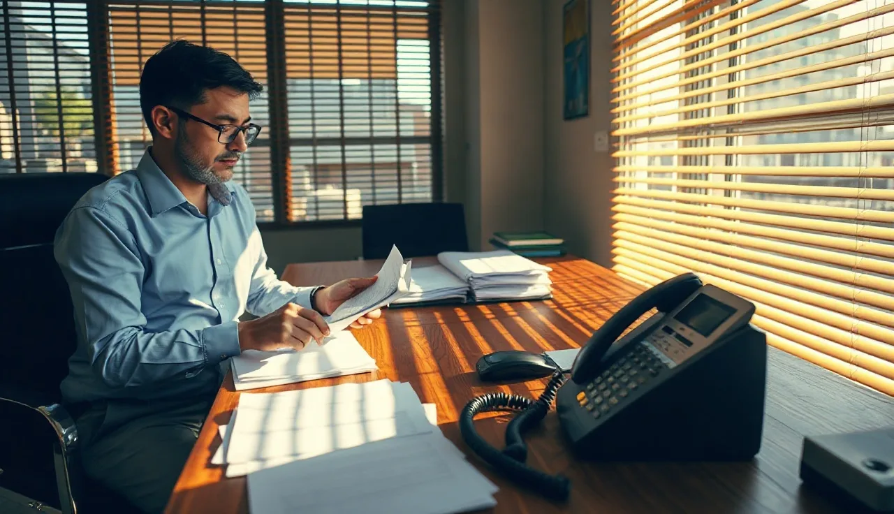 Compliance officer reviewing call logs at a desk with telephone nearby