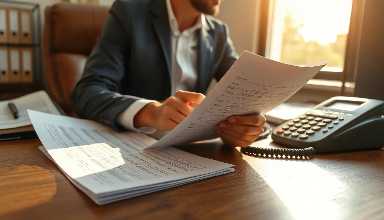 Person reviewing outbound call records at a desk with a landline telephone nearby